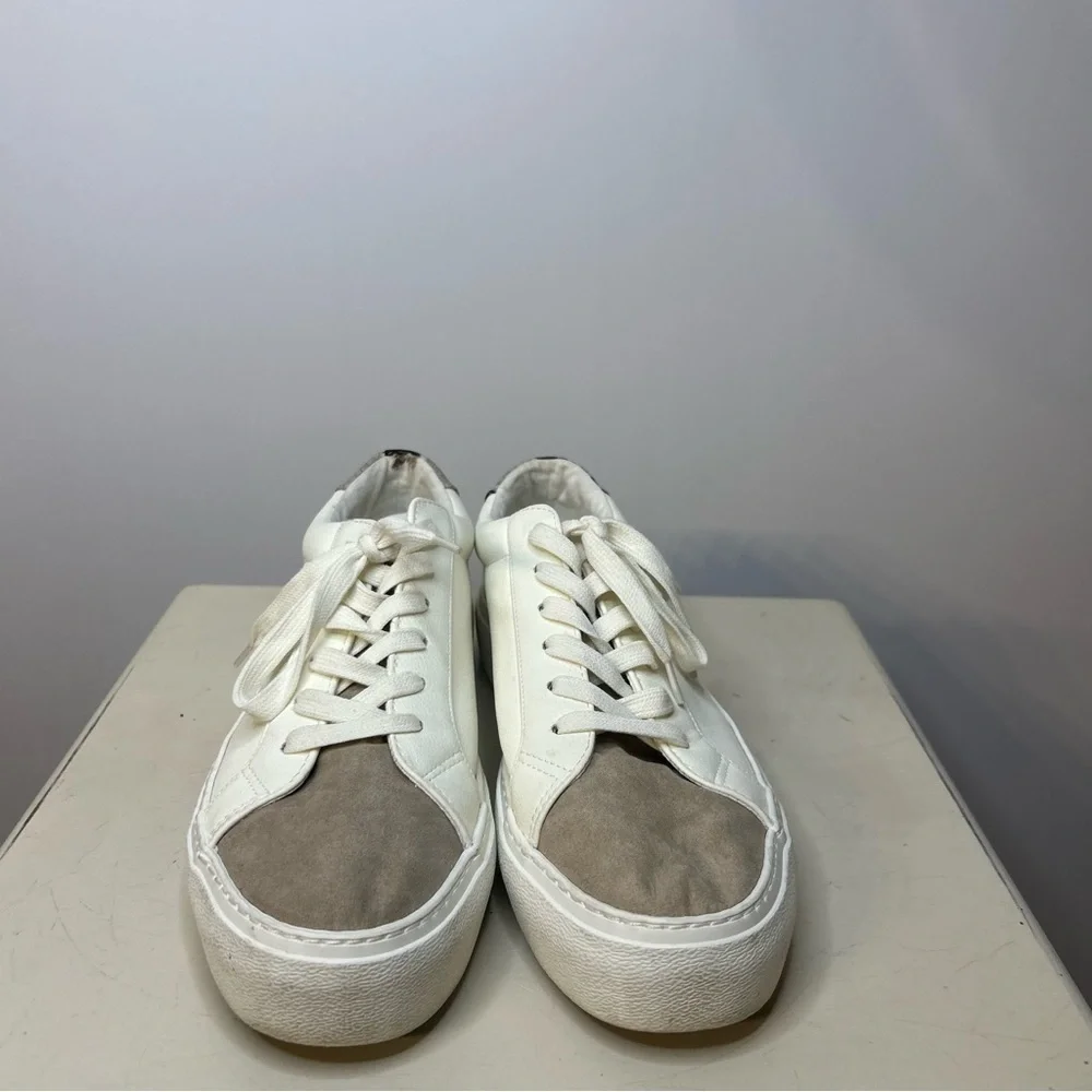 Express Women’s White and Taupe Color block Snake Print Sneakers, Size 9.5